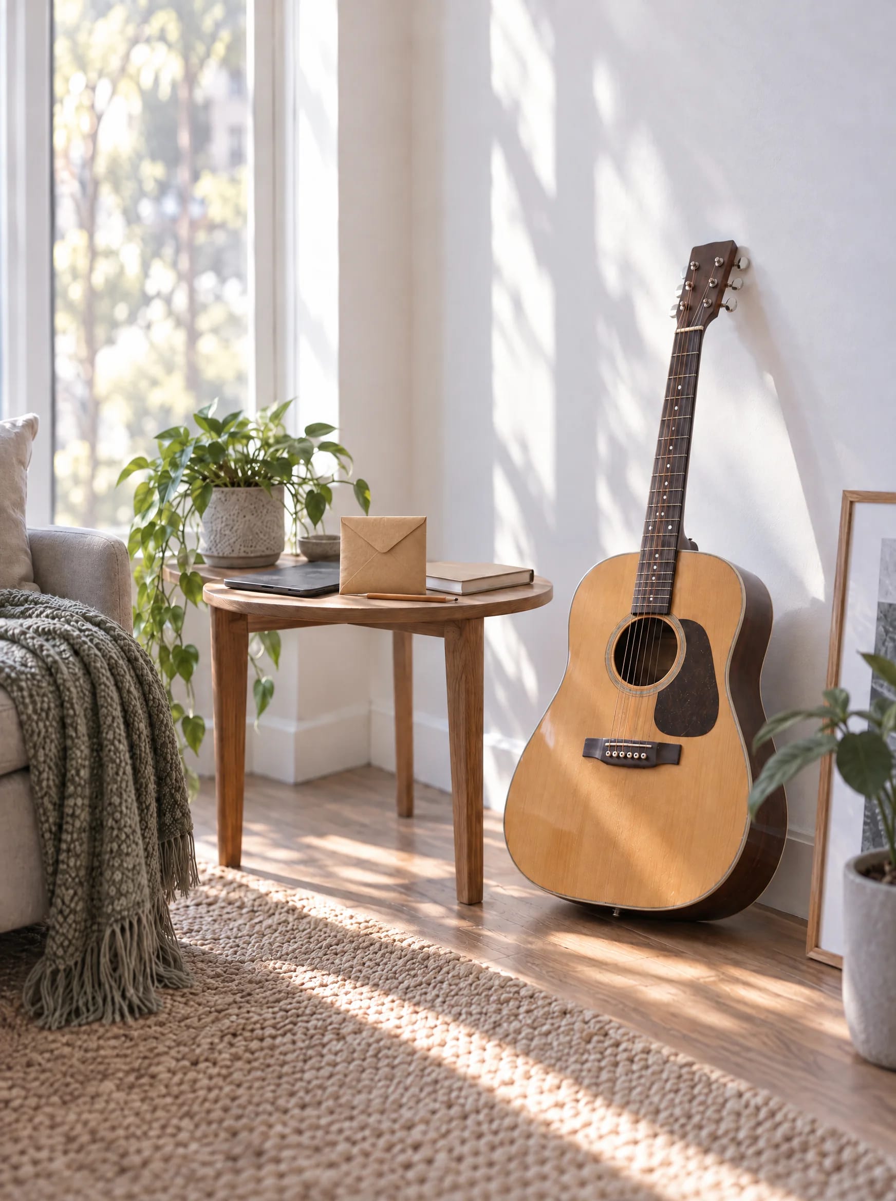 A guitar leans against a sunlit wall beside a side table with a closed laptop and a notebook.