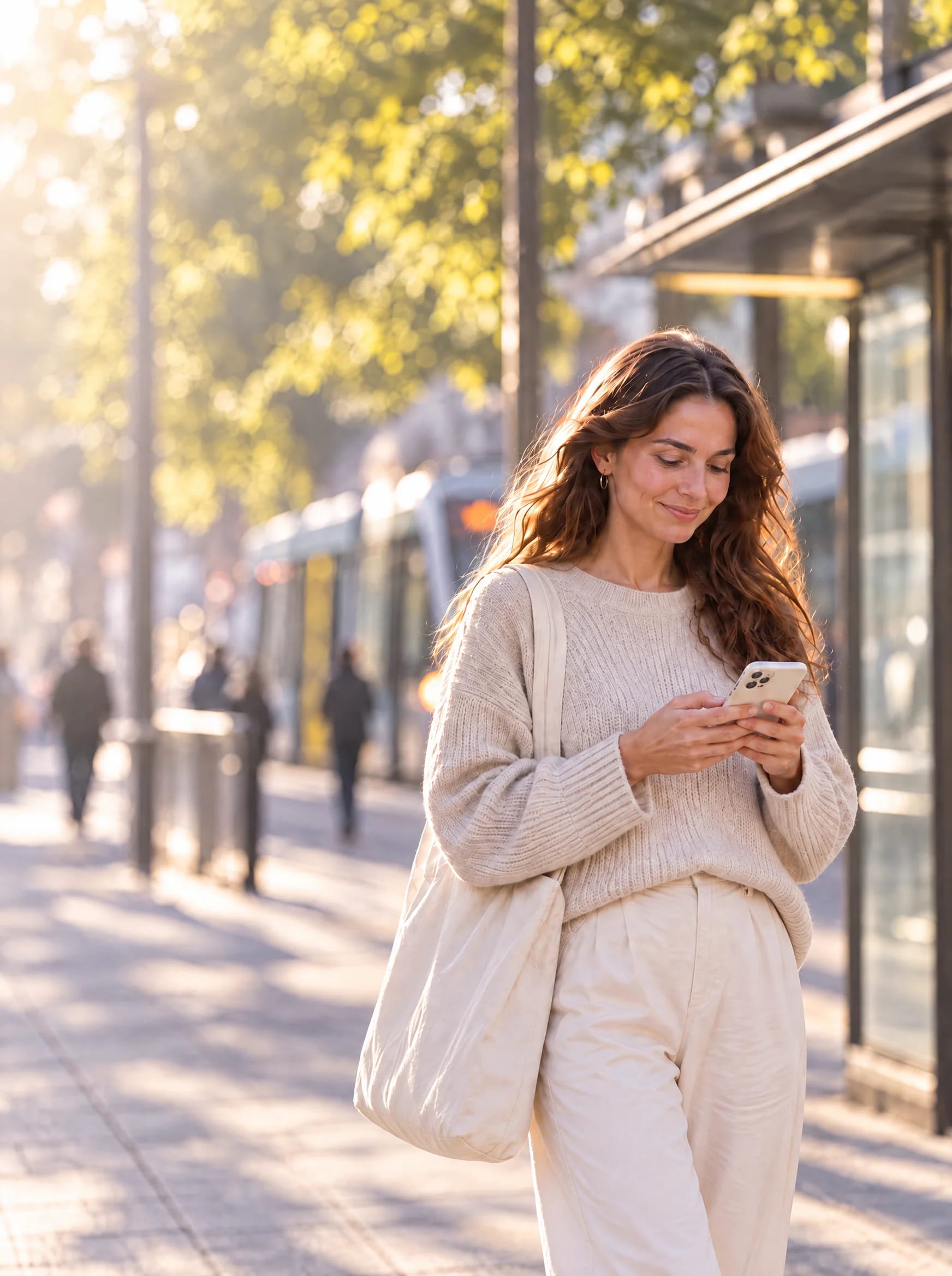 A woman at a tram stop smiles as she reads her phone.
